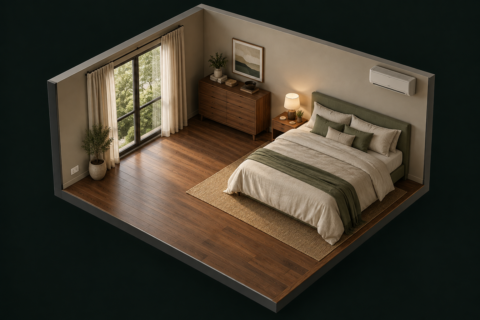 Realistic cutaway bedroom with the bed against the right wall, open floor space on the left, window, air conditioner, and bedside lamp.